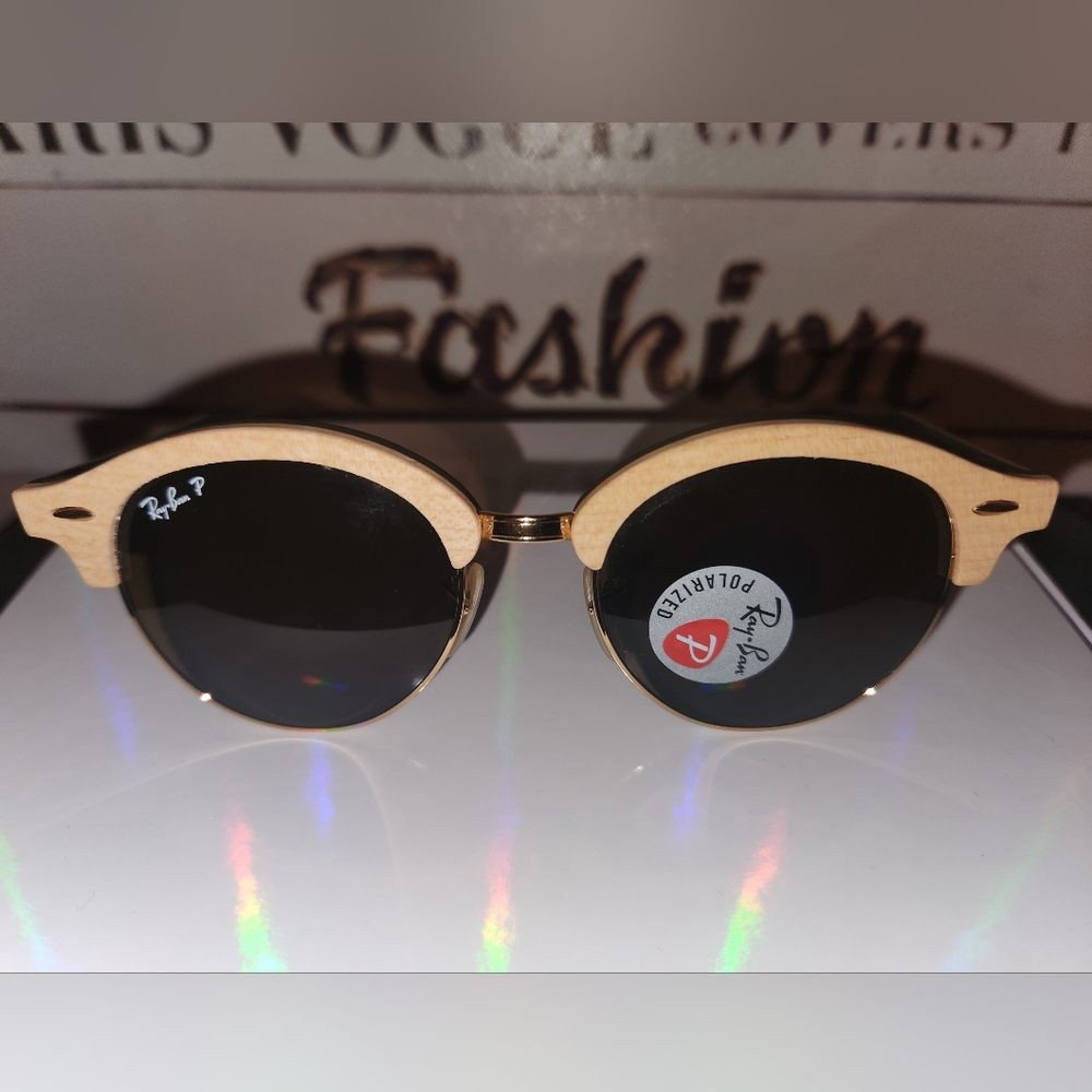 POLARIZED Genuine RAY-BAN CLUB ROUND WOOD Classic B15 Sunglasses RB 4246M 117957